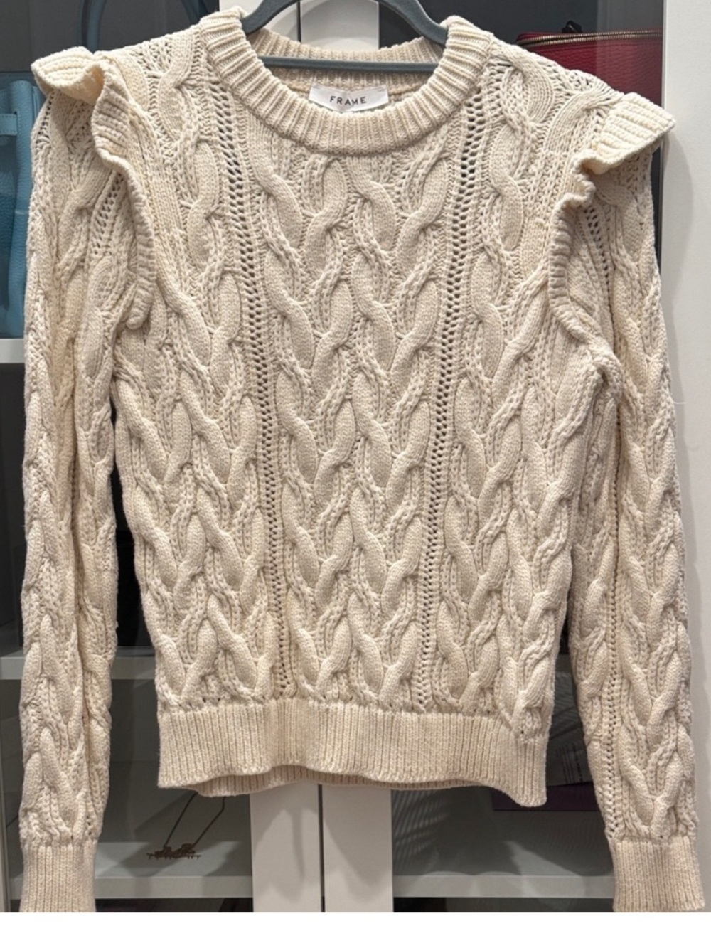 Frame Denim Ivory Cable-Knit Ruffle-Shoulder Sweater
